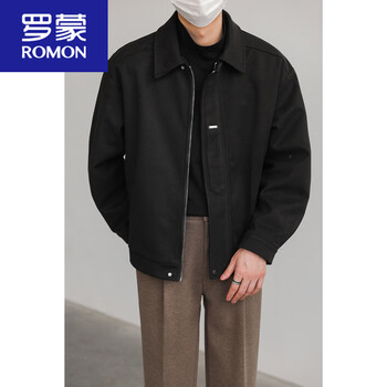 Romon autumn and winter korean-style lapel woolen jacket, men's trendy, handsome, loose and casual woolen jacket, black woolen fabric, m recommendation - 130 pounds