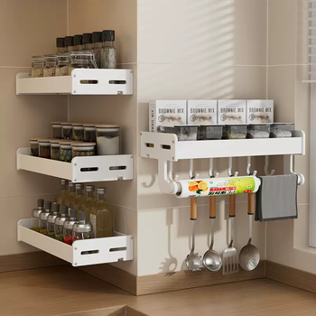 Yusenyi white condiment rack wall-mounted condiment storage kitchen storage rack small size narrow 20cm 25 length and width white 35cm storage rack with 6 hooks removable and washable