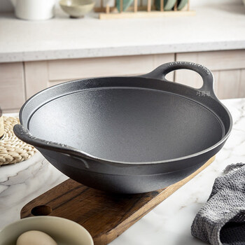 Tuojin german imported quality cast iron pot deepened old-fashioned round bottom double-eared wok household uncoated non-stick pointed bottom wok new deepened round bottom wok_single pot_free hemp rope_wooden shovel 32cm