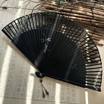 Fantasy zhimo women's niche design sense blank exquisite zen creative folding fan retro japanese paper inkjet dragonfly fan all black (chiffon) 22cm + pendant fan set daily fan