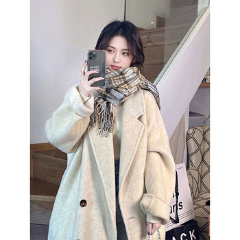 Garnuo oatmeal color double-sided wool coat for women mid-length spring, autumn and winter small high-end thick woolen coat oatmeal color m 111-130 catties