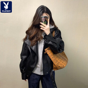 Playboy (playboy) short black leather jacket women's 2026 spring and autumn new jacket cool and sassy little motorcycle style black free hanger dust bag s