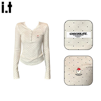 Chocoolate it women's simple polka dot v-neck right shoulder bottoming shirt for women 2026 spring new fashion temperament long-sleeved t-shirt for women polka dot color s