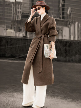 Lancer 2025 new winter style retro double-breasted 100 sheep wool coat double-sided woolen coat for women mocha brown s