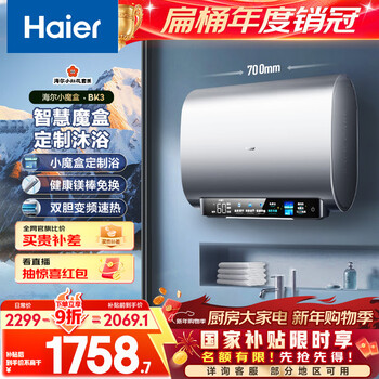 Haier's state-subsidized double-gallon flat barrel electric water heater 60 liters xiaohonghua bk3 little magic box fresh water 3300w fast heating energy saving magnesium rod replacement household water storage type