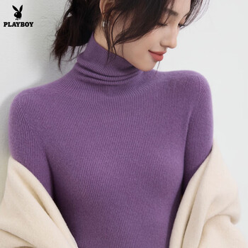 Playboy (playboy) super nice knitted turtleneck sweater for women autumn and winter 2026 new slim fit white pile collar bottoming shirt official flagship purple xl 125-135 catties