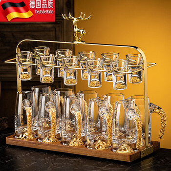 Tuojin high-end crystal glass chinese-style small wine glasses 2-2 separated set gold foil jinshan wine dispenser 100ml*10+white wine glass 10ml*10+deer head cup holder