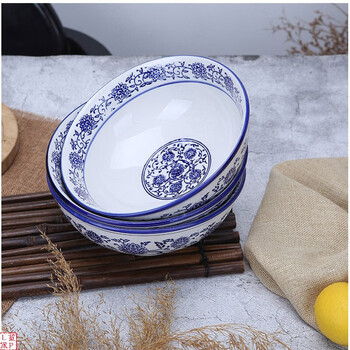 Tuojin blue and white porcelain bowl lanzhou ramen beef ramen bowl restaurant commercial bowl bamboo hat bowl household round bottom large bowl 7-inch round bottom (18.8x7) buy ten and get one