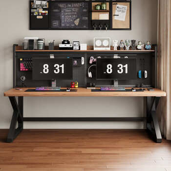 Yonghuan yun doudou computer desk desktop double office desk bookshelf integrated storage rack steel k legs + light walnut color + perforated board + free 30 hooks 300x70x75cm