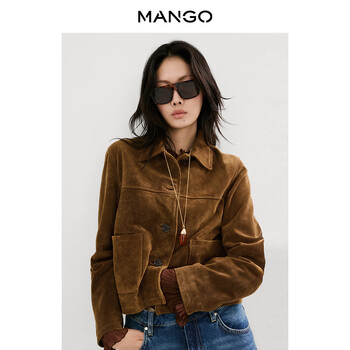 Mango women's short jacket 2026 spring new suede full cowhide lapel jacket work jacket camel s