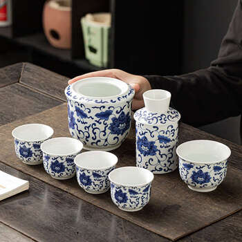 Yusen yiwen wine pot household ceramic warm wine set half a catty wine warmer gift box gift white wine glass set custom logo full flower + half a catty (safe packaging for home use)