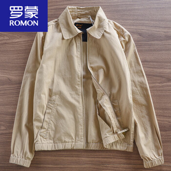 Romon american retro spring and autumn new lapel jacket men's workwear casual all-match zipper cardigan top men's light khaki s 110-130 catties