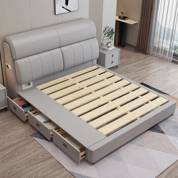 Derucci home light luxury genuine leather double modern simple small apartment bed with safe 1.8 meters three drawers storage wedding bed leather bed + velvet mattress + 2 bedside tables with safe 2000mmx2200mm x air pressure with three drawers