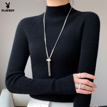 Playboy (playboy) half-turtle collar bottoming shirt, feminine style, autumn and winter new wool long-sleeved sweater, slim fit pullover sweater, official flagship black m, recommended 95-110 pounds