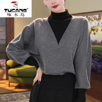 Woodpecker (tucano) 2025 fake two-piece knitted sweater women's autumn and winter new half-turtle collar, western style, age-reducing splicing, loose bottoming shirt top, gray m 90-110 jin