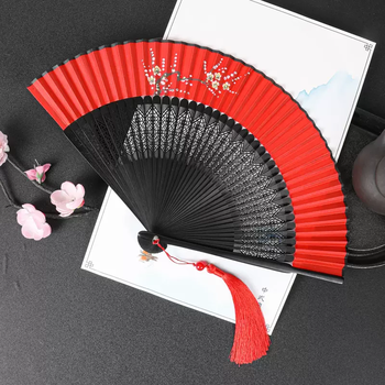 Yusenyi chinese style children's folding fan, retro classical dance fan, tassel silk, ancient style hanfu cheongsam folding small fan, single plum to welcome the spring (red with beads and tassels)