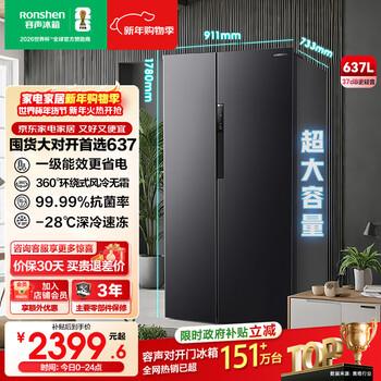 Rongsheng 637-liter side-by-side double-door refrigerator household first-class energy efficiency frequency conversion energy-saving air-cooled frost-free large-capacity home appliance national subsidy bcd-637wd11hp national subsidy 20%