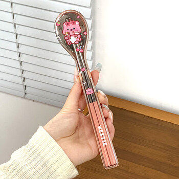 Tuojin imported high-quality stainless steel chopsticks and spoons set from japan, primary school students' tableware storage box, portable tableware storage box for one person, 304 chopsticks and spoons set, pink - ruby