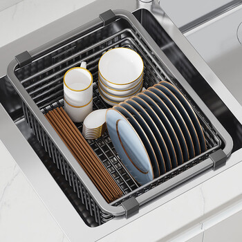 Yusenyi 304 stainless steel drain basket kitchen sink drain rack wash basin dish rack wash basin large single-slot storage rack 34 gray 304 stainless steel nano-encrypted version (applicable to the sink inner length 2