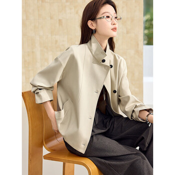 Mohan yimei urban british style jacket 2026 spring classic silhouette new style temperament stand collar short windbreaker women ice dew color s