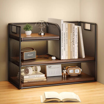 Lin's boy desktop storage rack desk storage desk simple bookshelf desk storage home office file placement rack black three-layer teak medium size