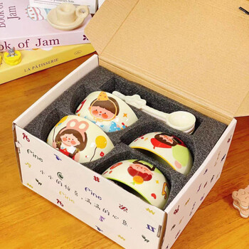 Tuojin family of three ceramic eating bowls, home cute children's bowls, parent-child tableware, personal special for four couples, beautiful 4.5-inch bowl + spoon, 4 mix and match gift boxes