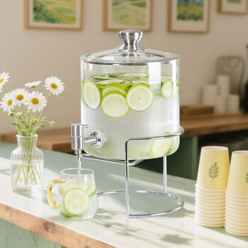 Fantasy large-capacity glass cold water bottle beverage bucket with faucet juice tripod cold water bucket hotel lemon fruit tea bucket 8.75l with faucet and stainless steel frame, mostly commercial 8.75l