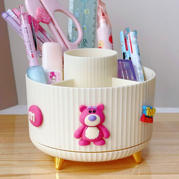 Sanqihu cute cat desktop rotating pen holder large capacity stationery storage box elementary school boys girls children's desk storage beige strawberry bear