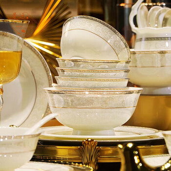 Manyuangan bowl and dish set household light luxury bone china tableware jingdezhen housewarming ceramic bowl and dish housewarming gift waltz 10-person set 56-piece set