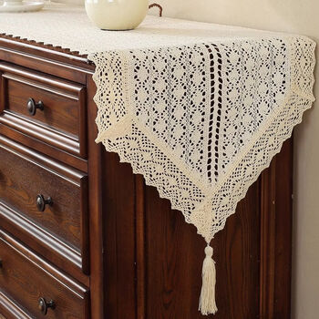 Fantasy imitation cotton thread hollow crochet table runner dining table tablecloth coffee table mat tv cabinet chest of drawers cover cloth hollow striped lace sharp corners width 42cm length 270cm suitable for 210+230 table/cabinet