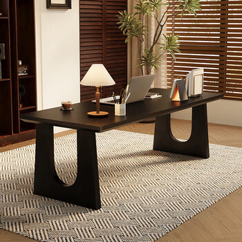 Pupan solid wood large board desk living room computer office study long table mid-century style workbench home bedroom dining table black slightly rough carbon steel legs 4.5 cm thick 160x70x75cm