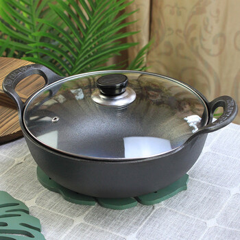 Tuojin german imported quality double-ear cast iron wok household old-fashioned round bottom large iron pan thickened pig iron flat bottom wok without flat bottom 20 small wok (glass lid)_comes with wooden spatula + hemp rope + pot holder 1 inch