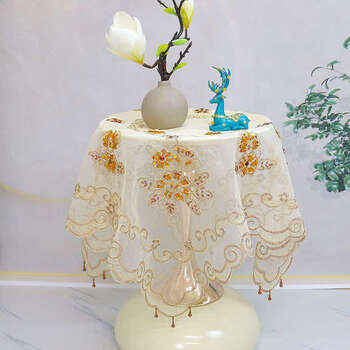 Fantasy beaded tablecloth table flag mesh dining table coffee table tv cabinet shoe cabinet bedside table cover style 5# brown gold 83x83cm one piece