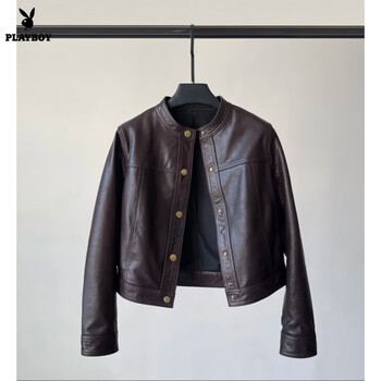 Playboy (playboy) haining 2026 spring new short leather jacket women's fashionable versatile round neck leather jacket single breasted machine brown purple now official flagship coffee purple (ready stock) m recommendation (80110 catties) one size