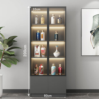 Living room glass multifunctional wine cabinet against the wall integrated display cabinet household light luxury storage rack wooden transparent 80*32*200 double door small door panel dark gray delivered to the home