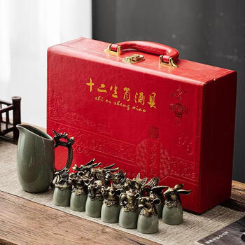Qiaobolai chinese style twelve zodiac tea and wine set gift set, wine set, authentic ge kiln, bronze base, red antique leather box