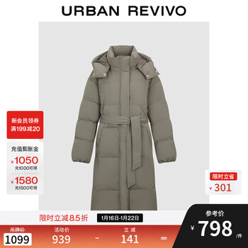 Ur2025 new winter women's trendy hooded stand-collar lace-up long down jacket uwj150118 coffee brown s