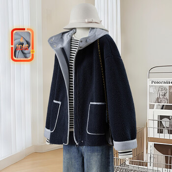 She pool contrasting color hooded grain velvet jacket women's 2025 winter new college style age-reducing loose top