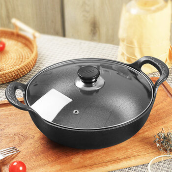Tuojin imported quality cast iron ingot pot from germany, flat-bottomed wok, pig iron thickened stew pot, household uncoated soup pot, electric 20 ingot wok, stew pot_glass lid_+anti-scald hemp rope+wooden shovel 1 inch