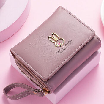 New women's wallet pu leather short antler wallet mini zipper coin purse cartoon tri-fold buckle card holder 188 rabbit purple