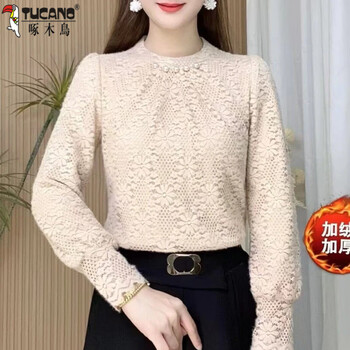 Woodpecker (tucano) 2025 new velvet thickened bottoming shirt, fashionable and western style warm top, long-sleeved shirt, women's lace jacquard shirt, khaki full body, velvet m
