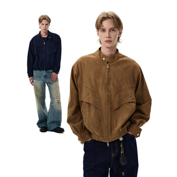 Derejerine retro barn style suede stand collar work jacket for men and women, loose casual short style deconstructed jacket trendy khaki l