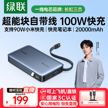 Green alliance 3c certified, can be used on airplanes, super power block 100w laptop power bank with built-in cable 20000 mah pd fast charging, large capacity mobile power supply, suitable for xiaomi and apple