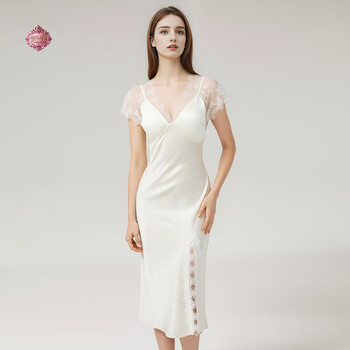 Victoria palace silk nightgown 19mm heavyweight women's slim fit high-quality temperament slit with breast pad mulberry silk suspender dress white l (100-120 catties)