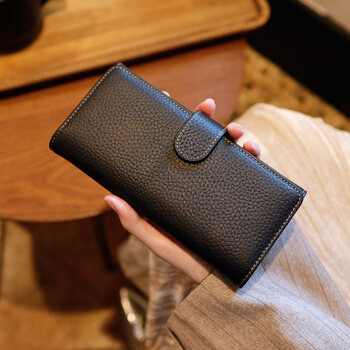 Gioio japan imported quality 2026 new leather wallet long version for women with multiple card slots first layer cowhide multifunctional wallet black