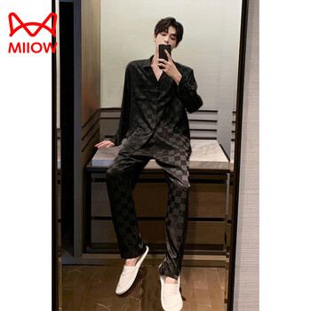Miiow long-sleeved ice silk pajamas for men spring and autumn large size high-end thin men's plaid summer silk home wear set ice silk plaid black l 100-115 pounds inner wear