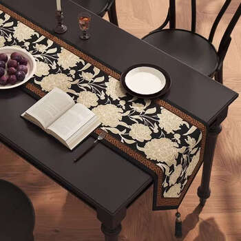 Fantasy dining table and table runner, long tea mat, tea table cushion, sideboard tablecloth, coffee table and tea flag. the flowering period is still there. triangular black tassel table runner. hemp feeling. customized. contact customer service.