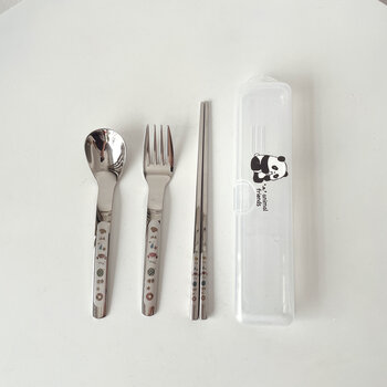 Sanqihu 316 stainless steel spoon and chopsticks three-piece set korean outdoor student travel storage box portable cutlery set 316 steel leisure time three-piece set (comes with milk bottle bear sticker)