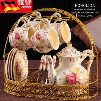 Tuojin european-style ceramic coffee cup set for home housewarming and wedding gift furong coffee set 1 pot 4 cups and saucers + basket + spoon 8 pieces