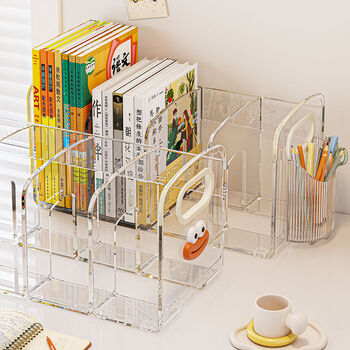 Fantasy desktop bookend bookshelf transparent student book desk storage rack office dormitory file storage rack 2 pack 4 grids + transparent + pen holder x1 with portable